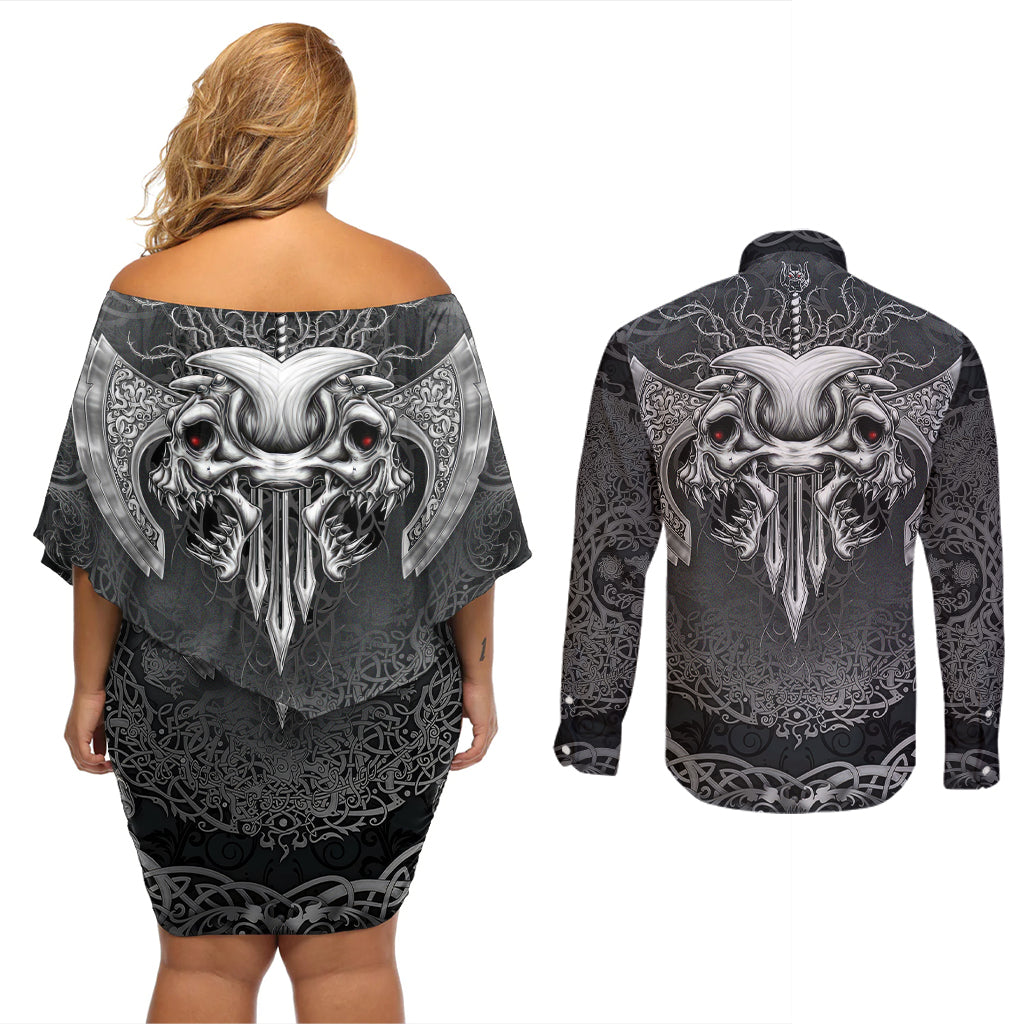 Until Valhalla Viking Skull Couples Matching Off Shoulder Short Dress and Long Sleeve Button Shirts - Wonder Print Shop