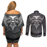 Until Valhalla Viking Skull Couples Matching Off Shoulder Short Dress and Long Sleeve Button Shirts - Wonder Print Shop