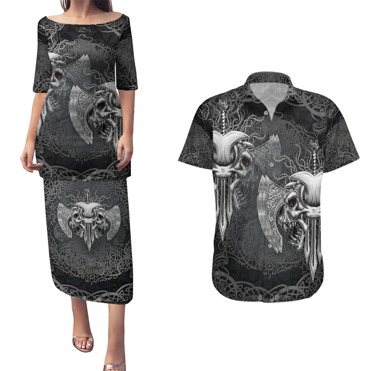 Until Valhalla Viking Skull Couples Matching Puletasi Dress and Hawaiian Shirt - Wonder Print Shop