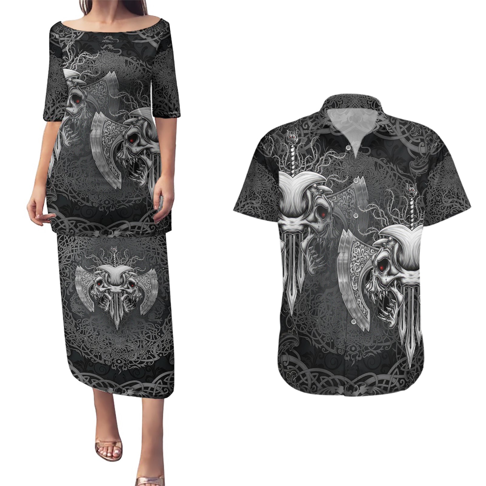 Until Valhalla Viking Skull Couples Matching Puletasi Dress and Hawaiian Shirt - Wonder Print Shop