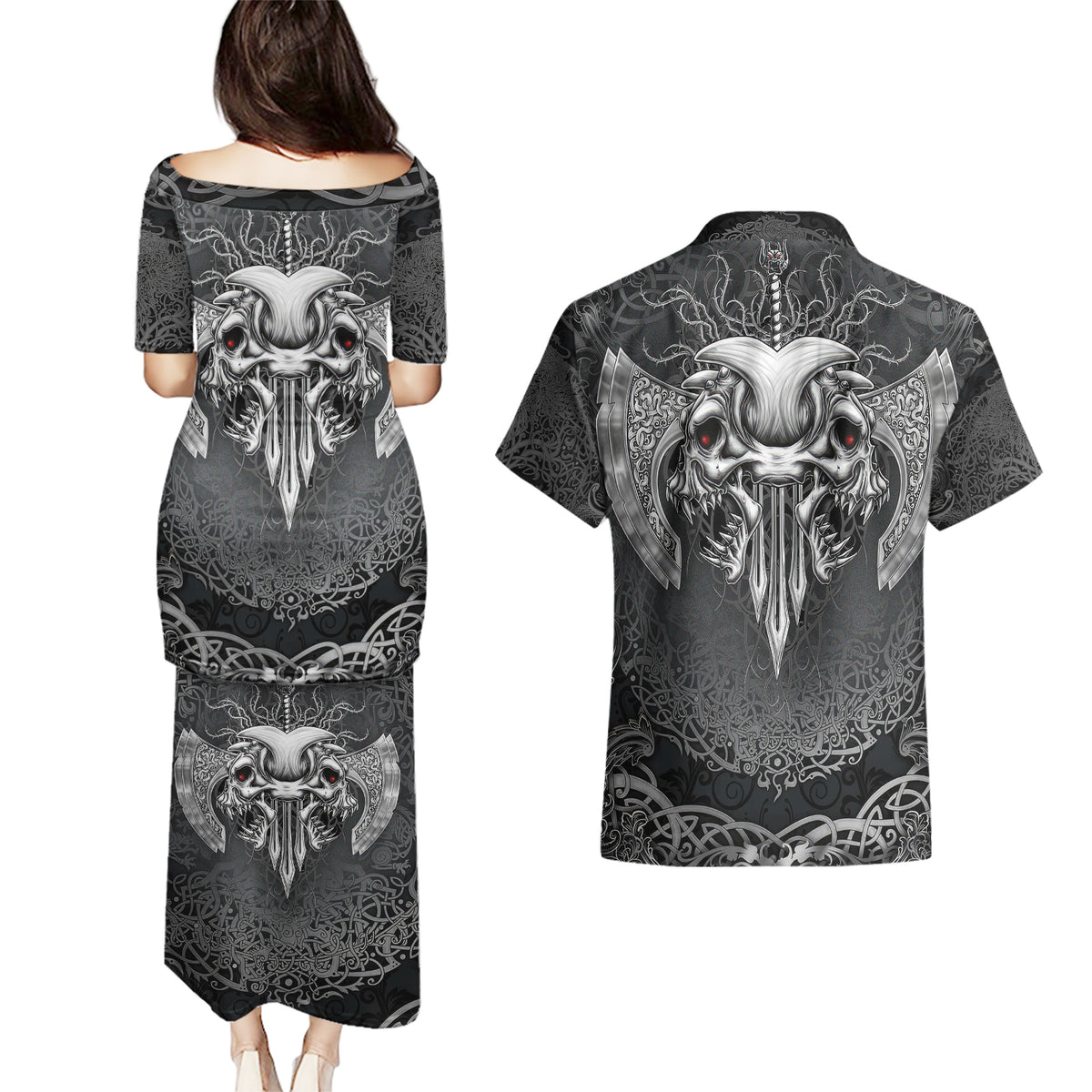 Until Valhalla Viking Skull Couples Matching Puletasi Dress and Hawaiian Shirt - Wonder Print Shop