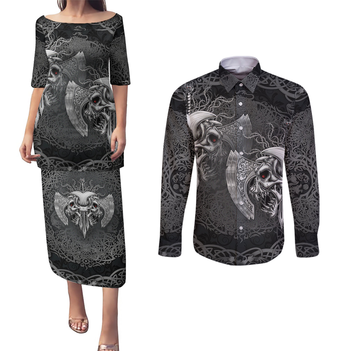 Until Valhalla Viking Skull Couples Matching Puletasi Dress and Long Sleeve Button Shirts - Wonder Print Shop