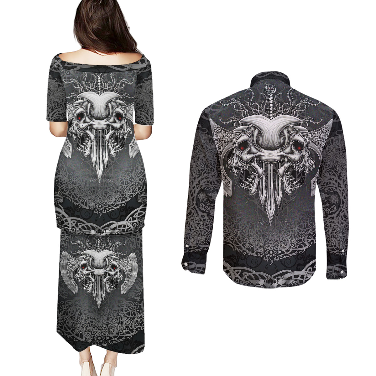 Until Valhalla Viking Skull Couples Matching Puletasi Dress and Long Sleeve Button Shirts - Wonder Print Shop
