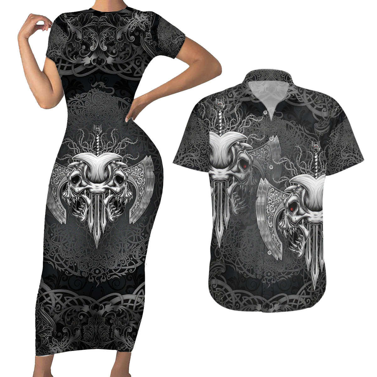 Until Valhalla Viking Skull Couples Matching Short Sleeve Bodycon Dress and Hawaiian Shirt - Wonder Print Shop