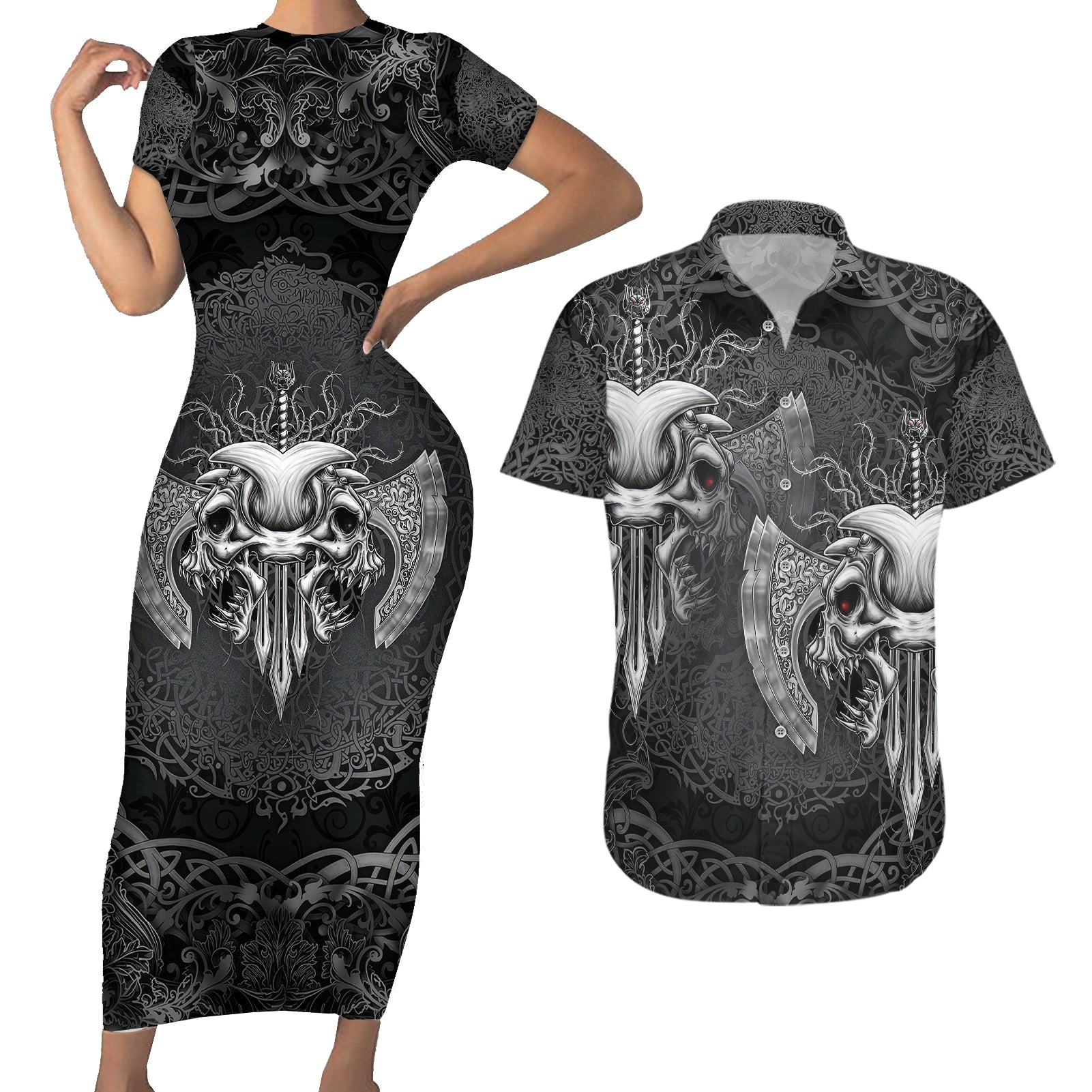 Until Valhalla Viking Skull Couples Matching Short Sleeve Bodycon Dress and Hawaiian Shirt - Wonder Print Shop