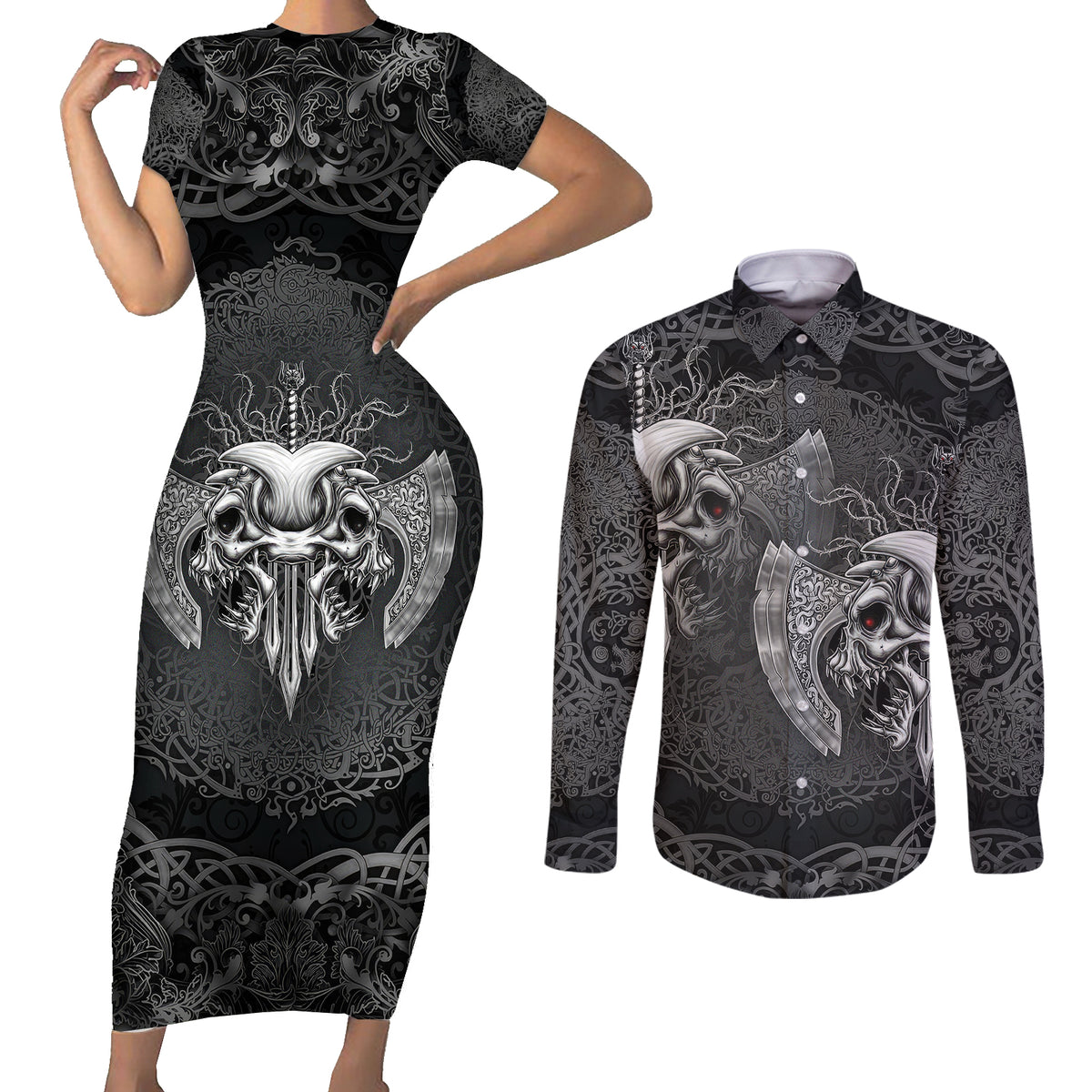 Until Valhalla Viking Skull Couples Matching Short Sleeve Bodycon Dress and Long Sleeve Button Shirts - Wonder Print Shop