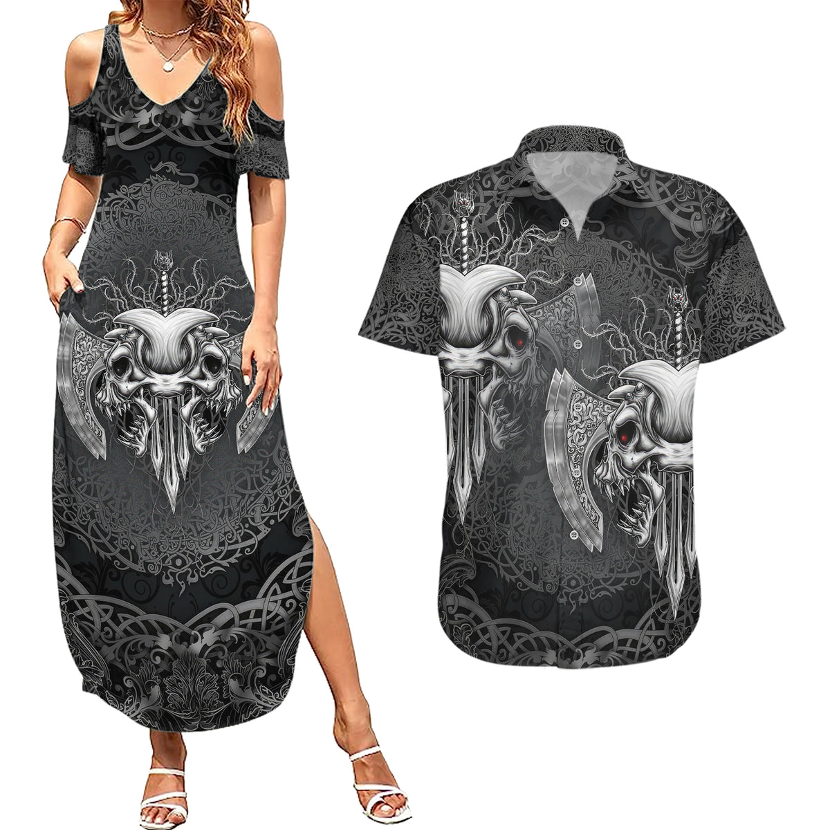 Until Valhalla Viking Skull Couples Matching Summer Maxi Dress and Hawaiian Shirt - Wonder Print Shop