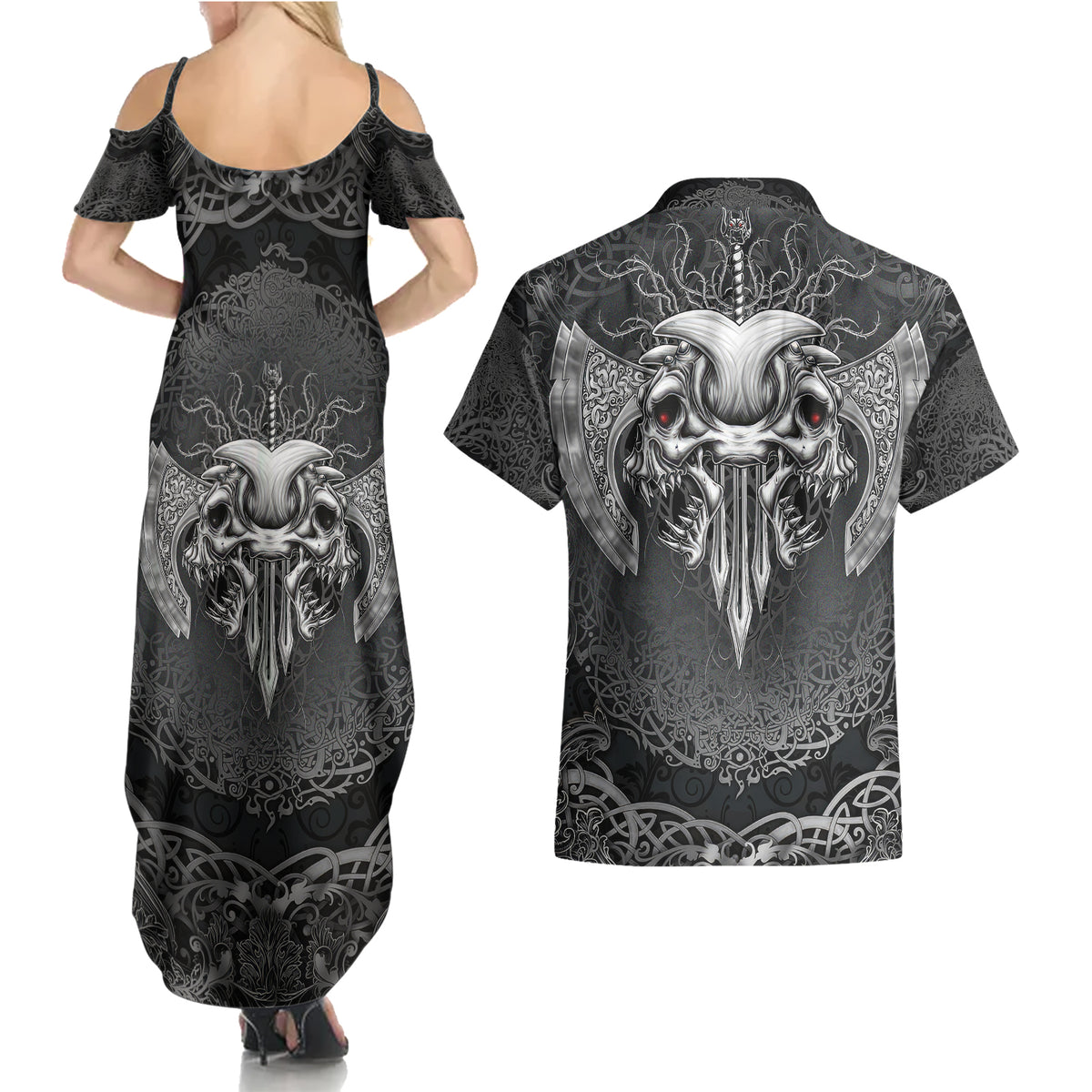 Until Valhalla Viking Skull Couples Matching Summer Maxi Dress and Hawaiian Shirt - Wonder Print Shop