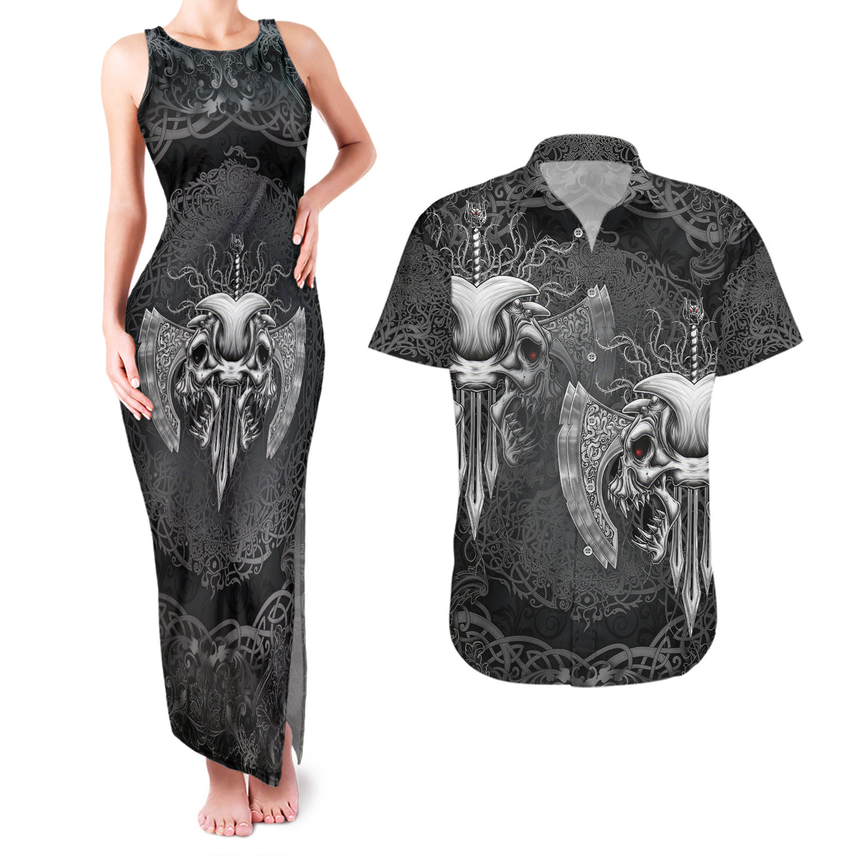 Until Valhalla Viking Skull Couples Matching Tank Maxi Dress and Hawaiian Shirt - Wonder Print Shop