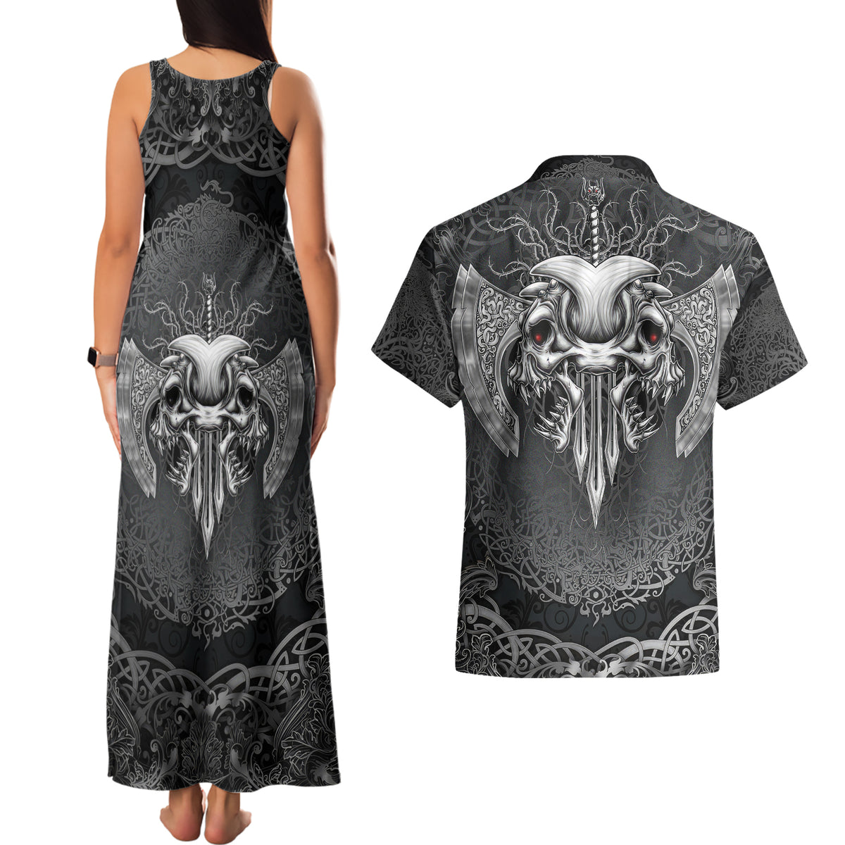 Until Valhalla Viking Skull Couples Matching Tank Maxi Dress and Hawaiian Shirt - Wonder Print Shop