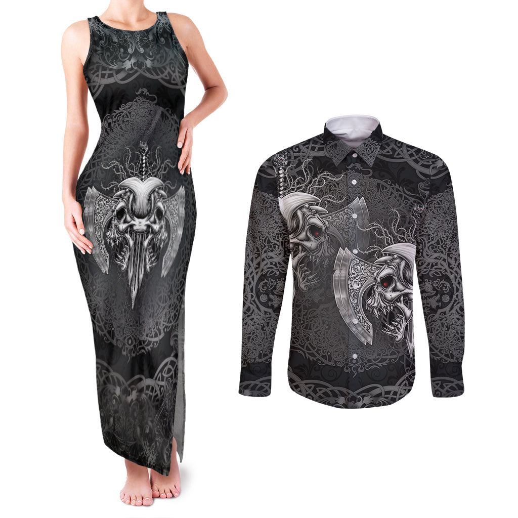 Until Valhalla Viking Skull Couples Matching Tank Maxi Dress and Long Sleeve Button Shirts - Wonder Print Shop