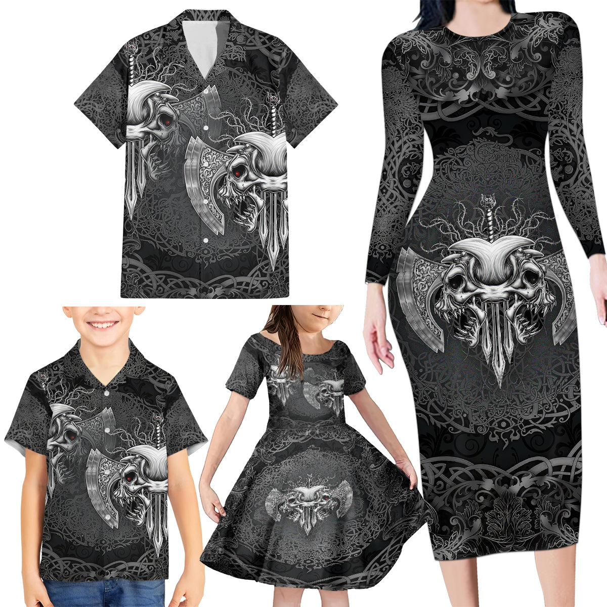 Until Valhalla Viking Skull Family Matching Long Sleeve Bodycon Dress and Hawaiian Shirt - Wonder Print Shop