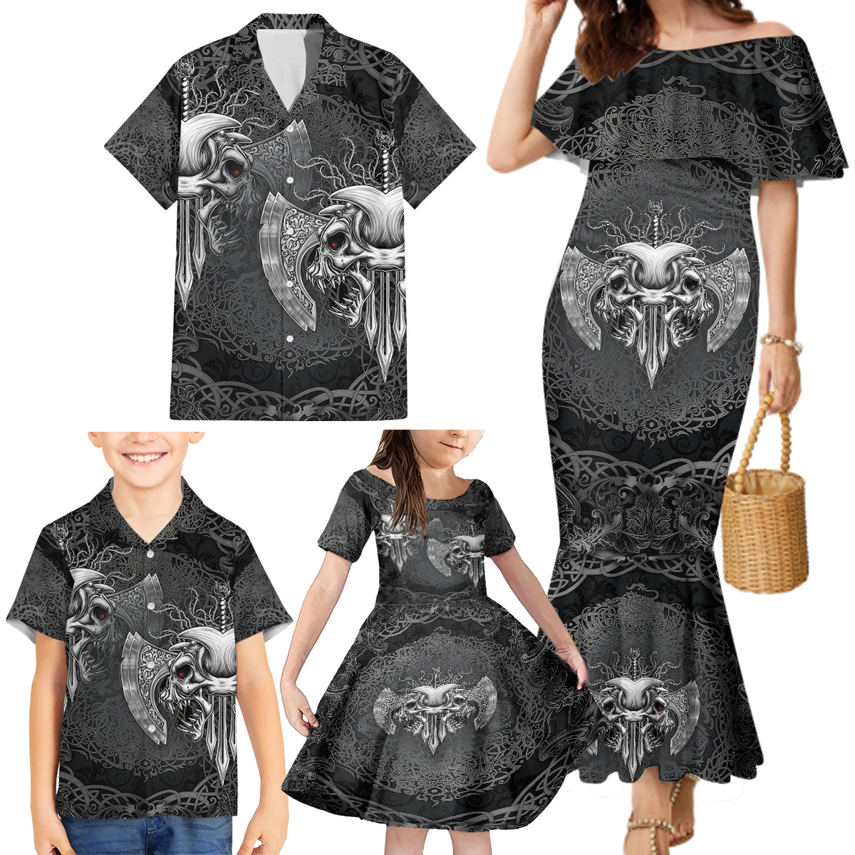 Until Valhalla Viking Skull Family Matching Mermaid Dress and Hawaiian Shirt - Wonder Print Shop