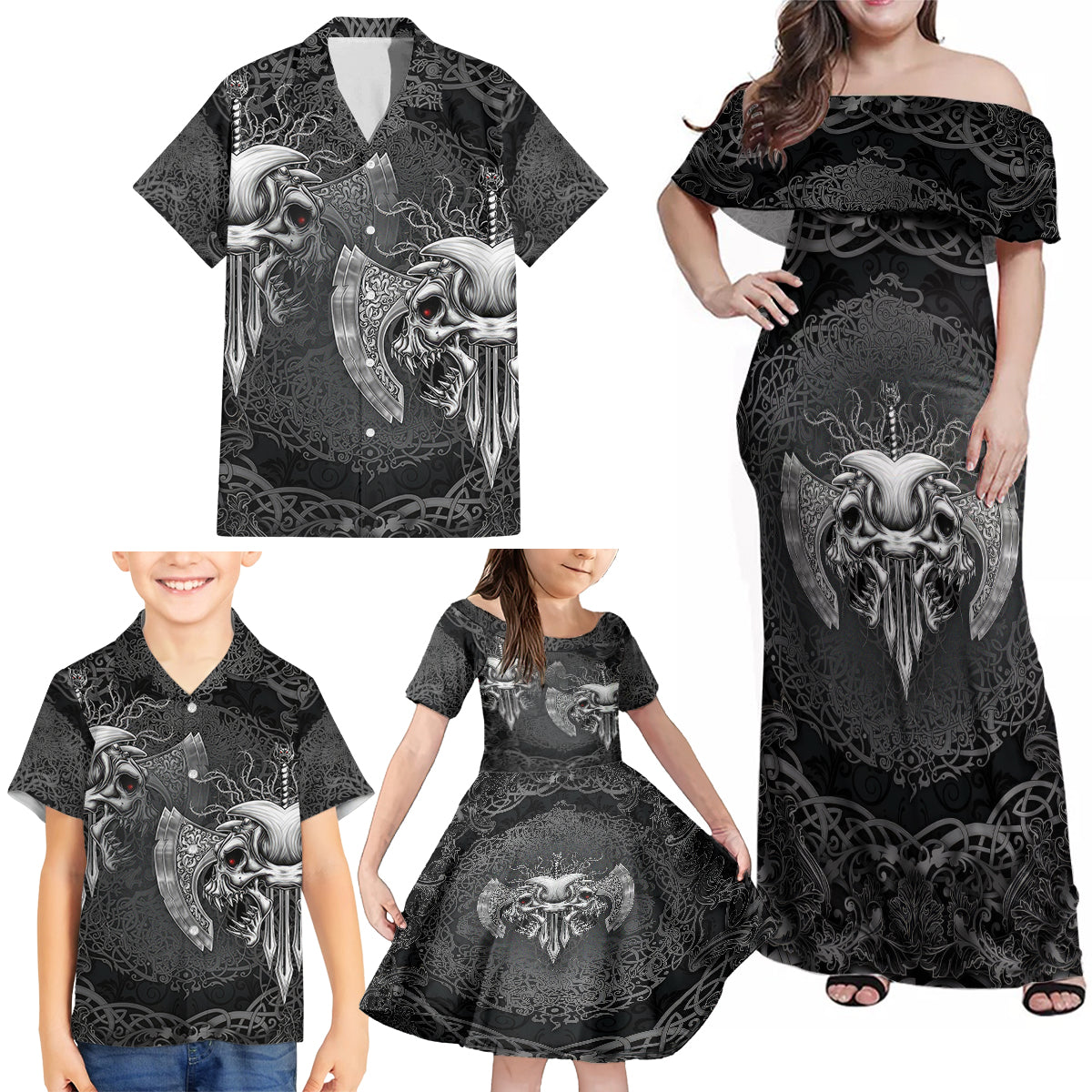 Until Valhalla Viking Skull Family Matching Off Shoulder Maxi Dress and Hawaiian Shirt - Wonder Print Shop