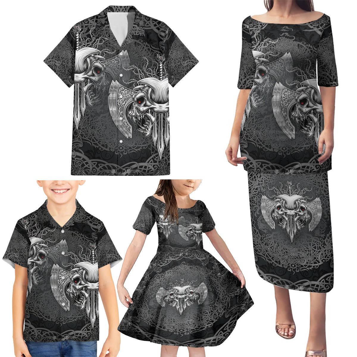 Until Valhalla Viking Skull Family Matching Puletasi Dress and Hawaiian Shirt - Wonder Print Shop