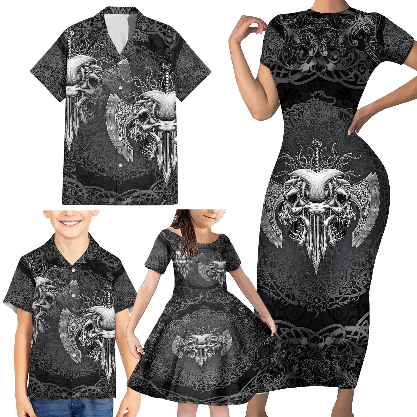 Until Valhalla Viking Skull Family Matching Short Sleeve Bodycon Dress and Hawaiian Shirt - Wonder Print Shop