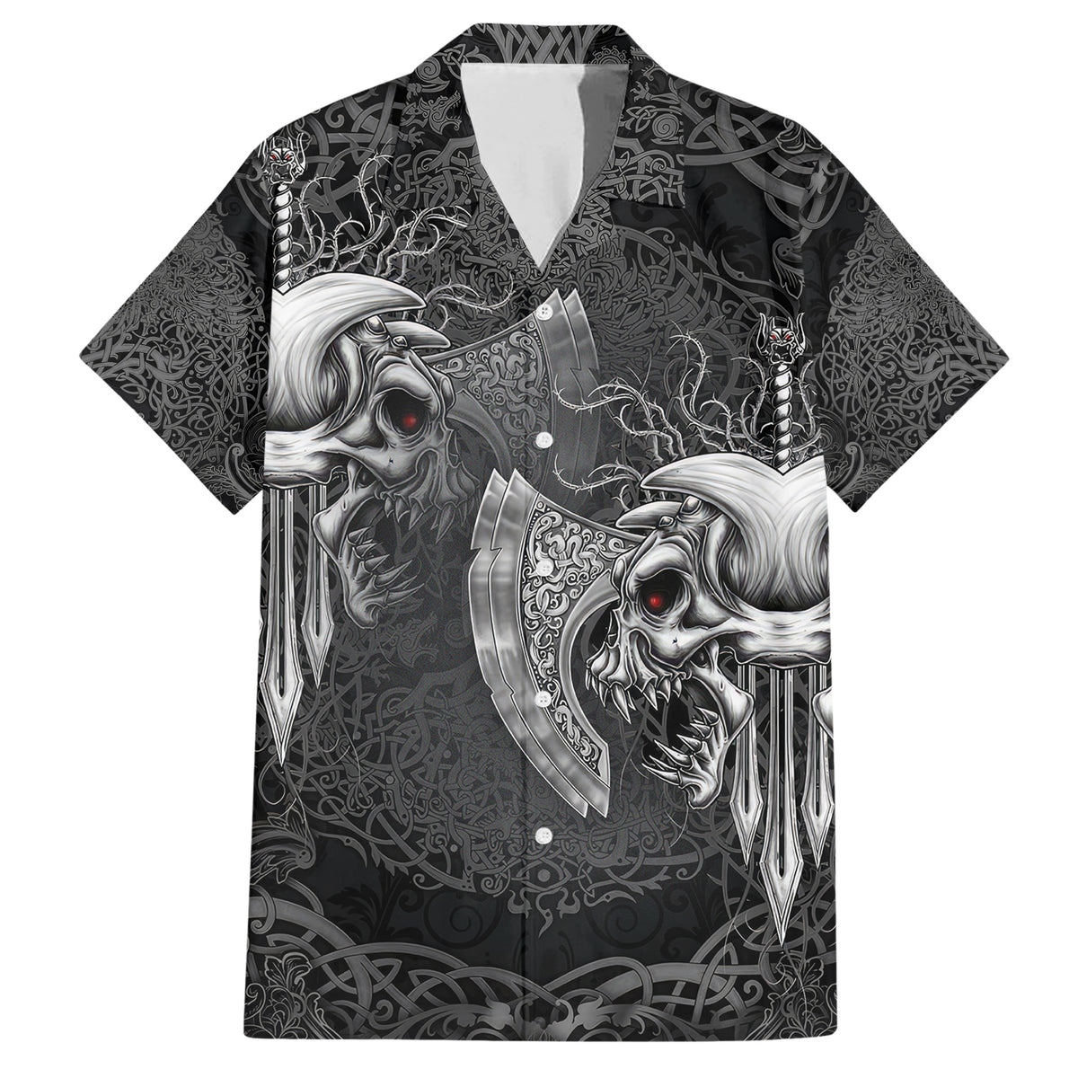 Until Valhalla Viking Skull Family Matching Short Sleeve Bodycon Dress and Hawaiian Shirt - Wonder Print Shop