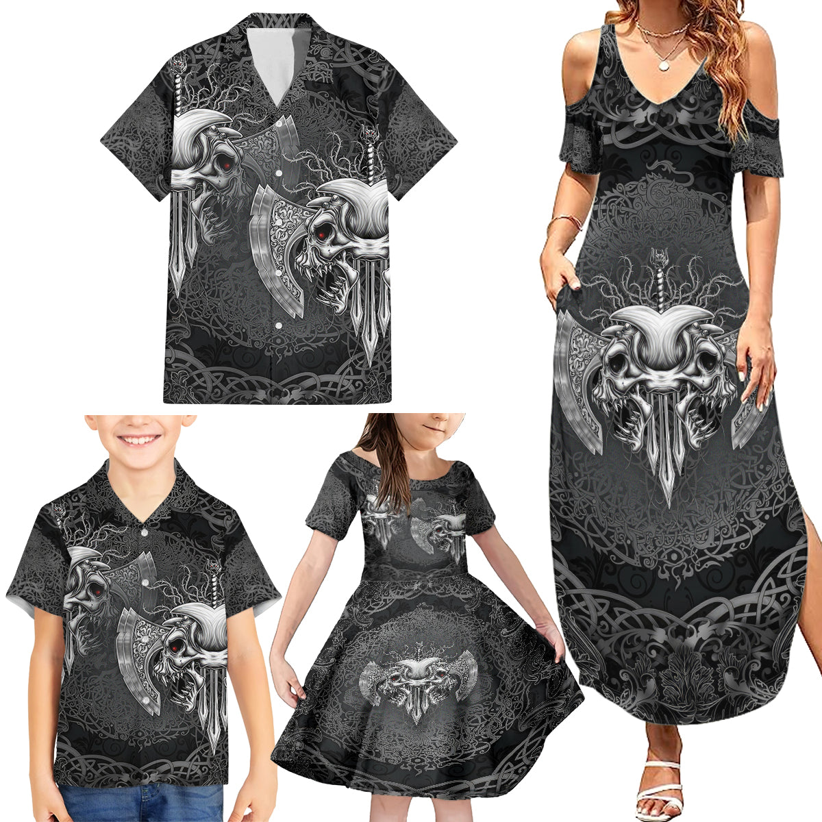 Until Valhalla Viking Skull Family Matching Summer Maxi Dress and Hawaiian Shirt - Wonder Print Shop