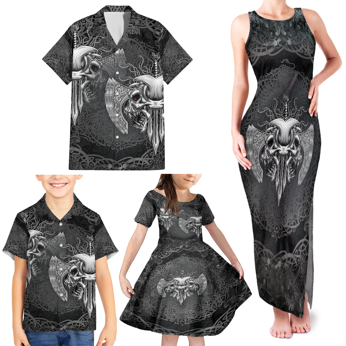 Until Valhalla Viking Skull Family Matching Tank Maxi Dress and Hawaiian Shirt - Wonder Print Shop