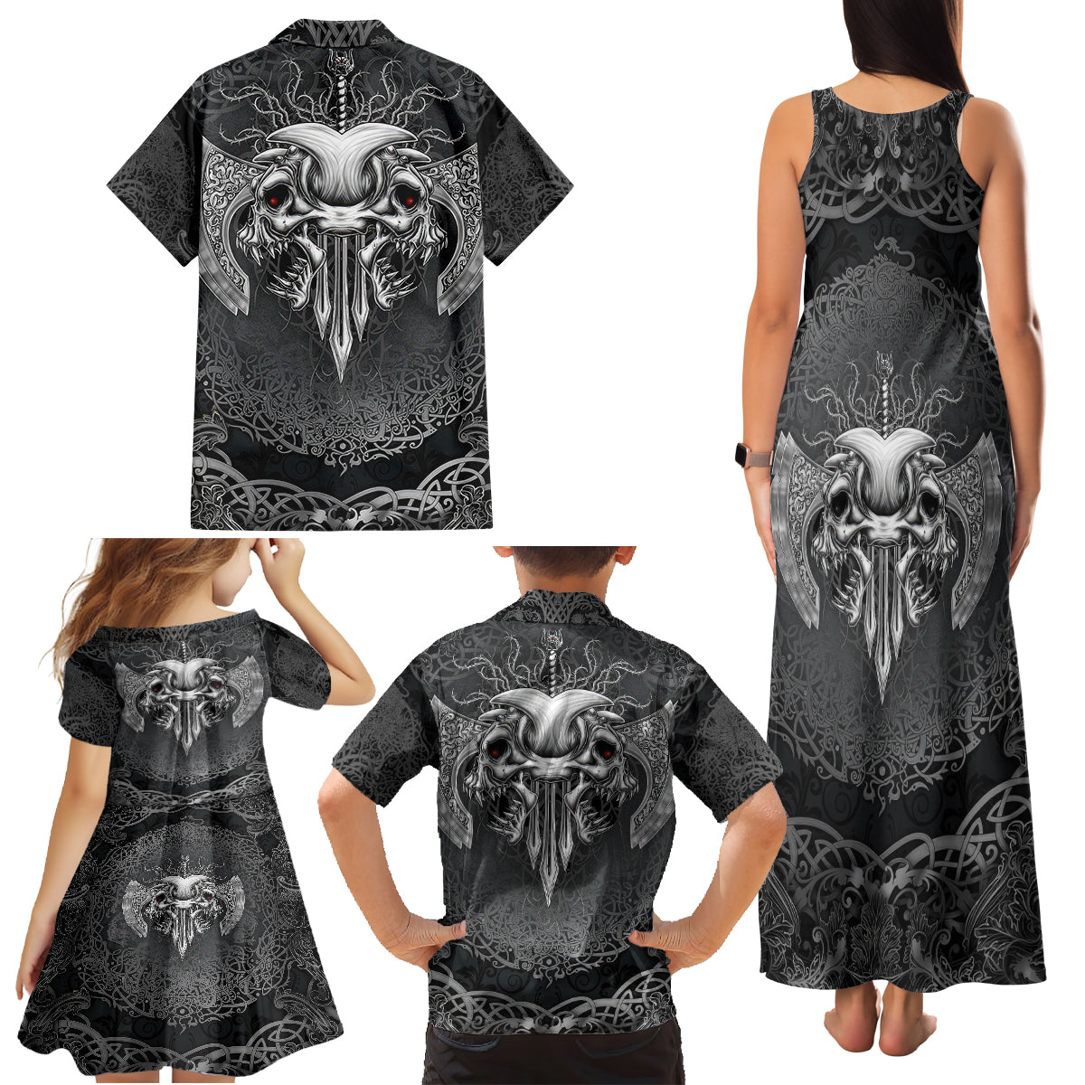 Until Valhalla Viking Skull Family Matching Tank Maxi Dress and Hawaiian Shirt - Wonder Print Shop