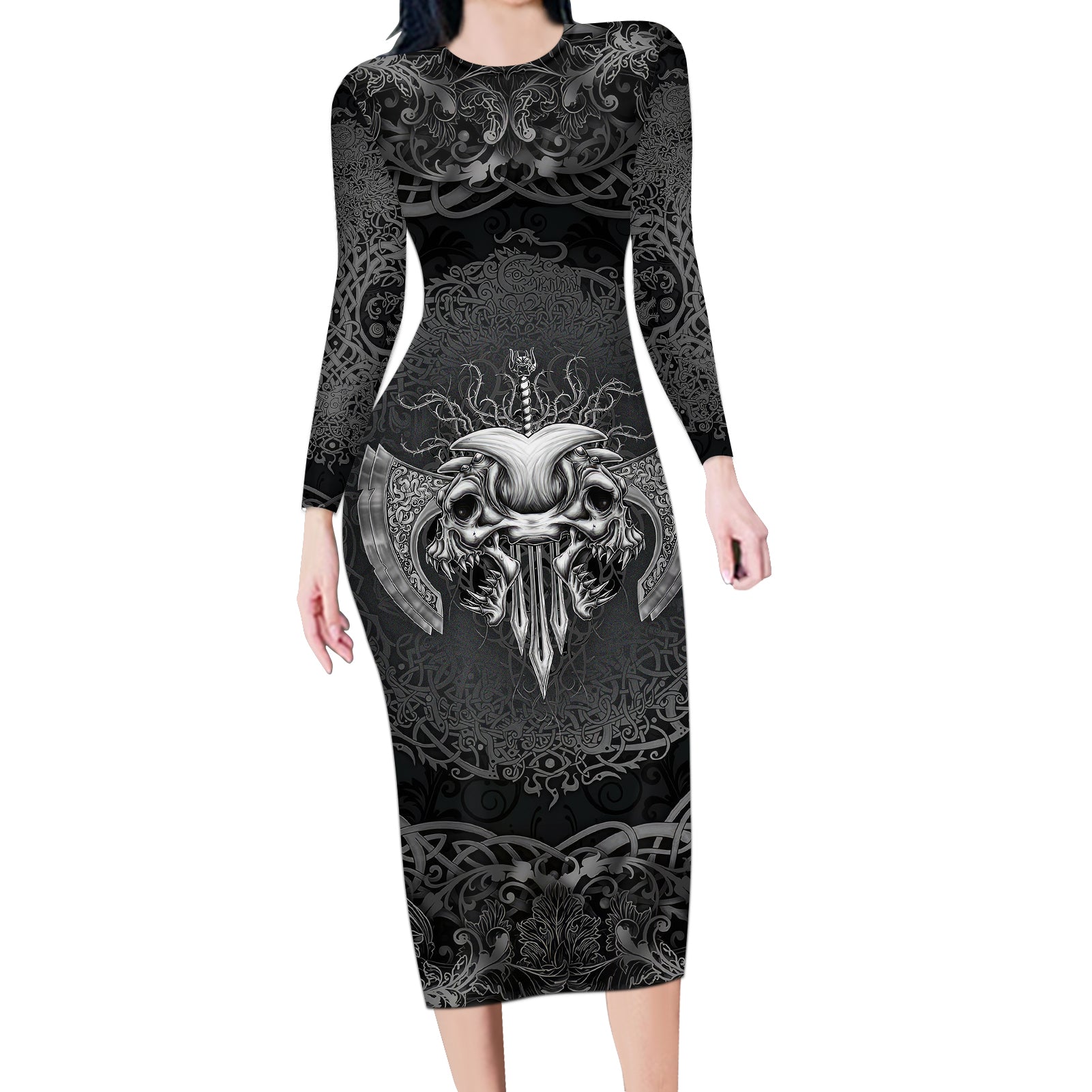 Until Valhalla Viking Skull Long Sleeve Bodycon Dress - Wonder Print Shop