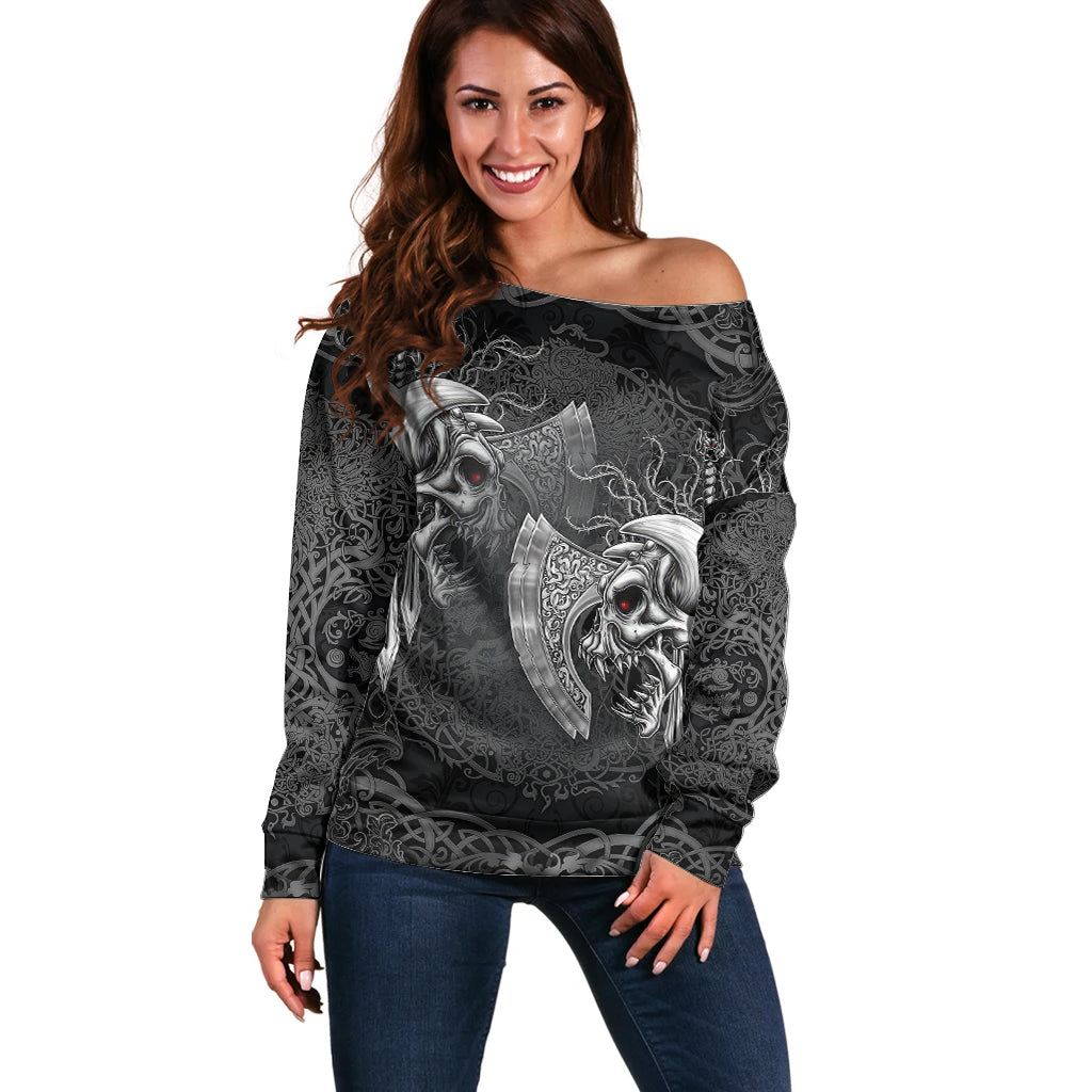 Until Valhalla Viking Skull Off Shoulder Sweater - Wonder Print Shop