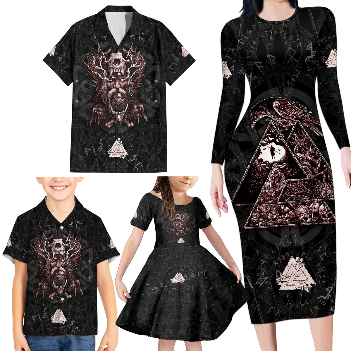 Viking Odin Family Matching Long Sleeve Bodycon Dress and Hawaiian Shirt Viking Allfather's Radiance - Wonder Print Shop