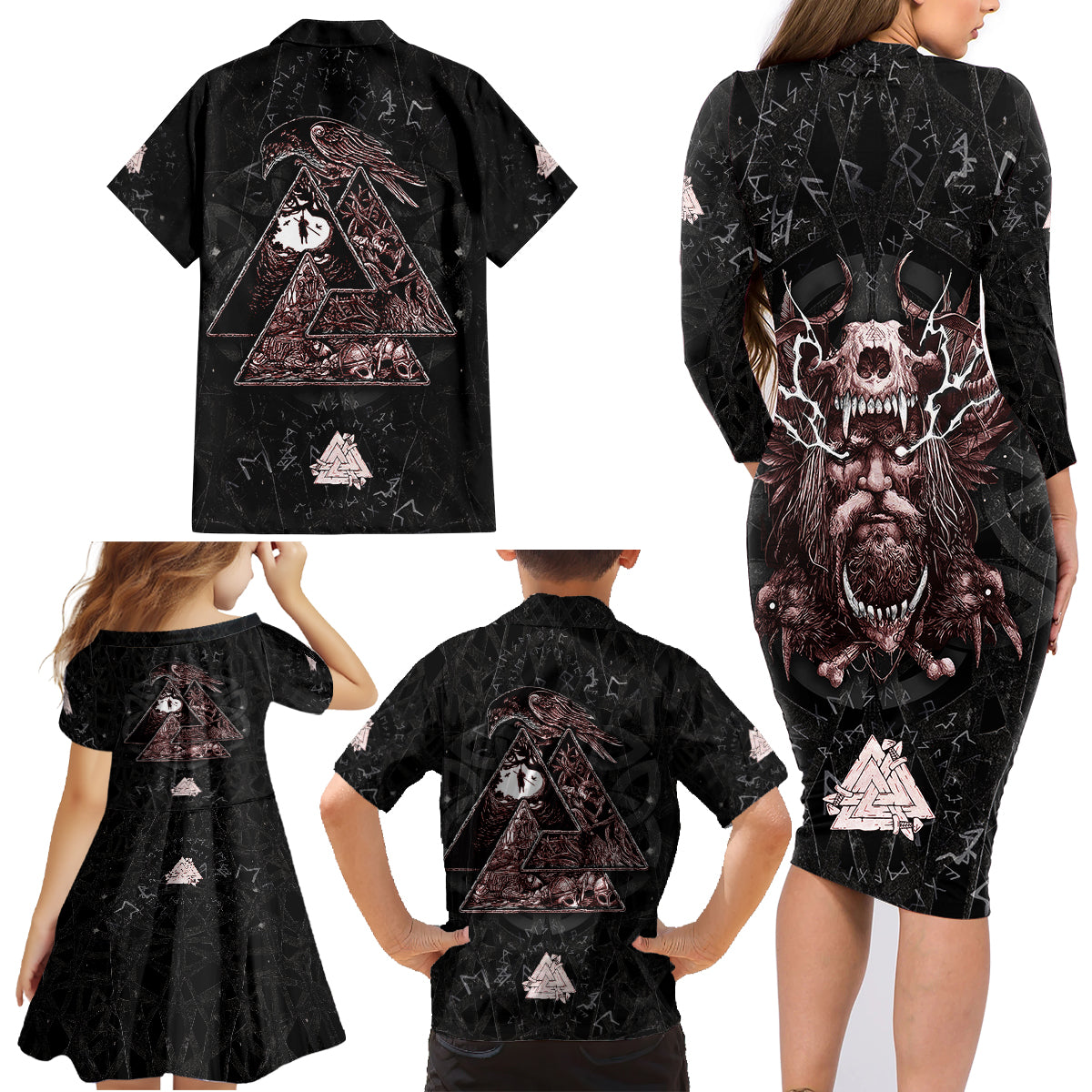 Viking Odin Family Matching Long Sleeve Bodycon Dress and Hawaiian Shirt Viking Allfather's Radiance - Wonder Print Shop