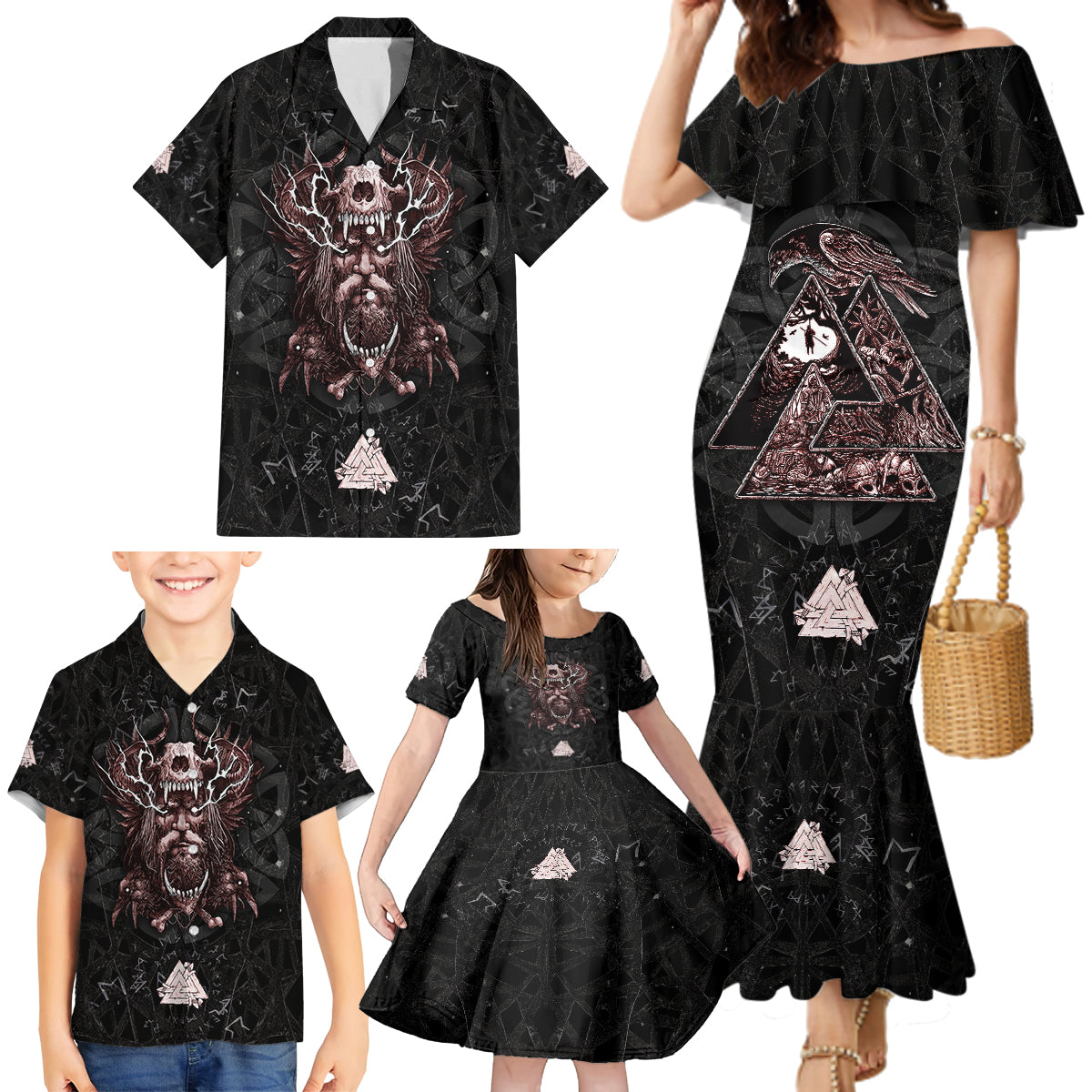 Viking Odin Family Matching Mermaid Dress and Hawaiian Shirt Viking Allfather's Radiance - Wonder Print Shop