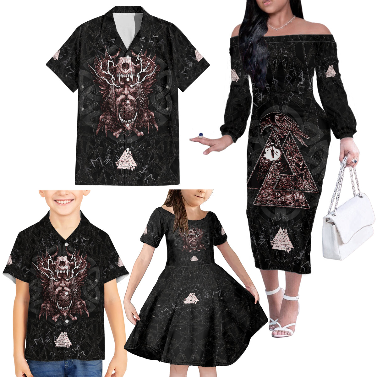Viking Odin Family Matching Off Shoulder Long Sleeve Dress and Hawaiian Shirt Viking Allfather's Radiance - Wonder Print Shop