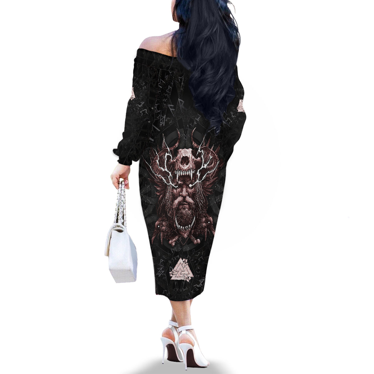 Viking Odin Family Matching Off Shoulder Long Sleeve Dress and Hawaiian Shirt Viking Allfather's Radiance - Wonder Print Shop