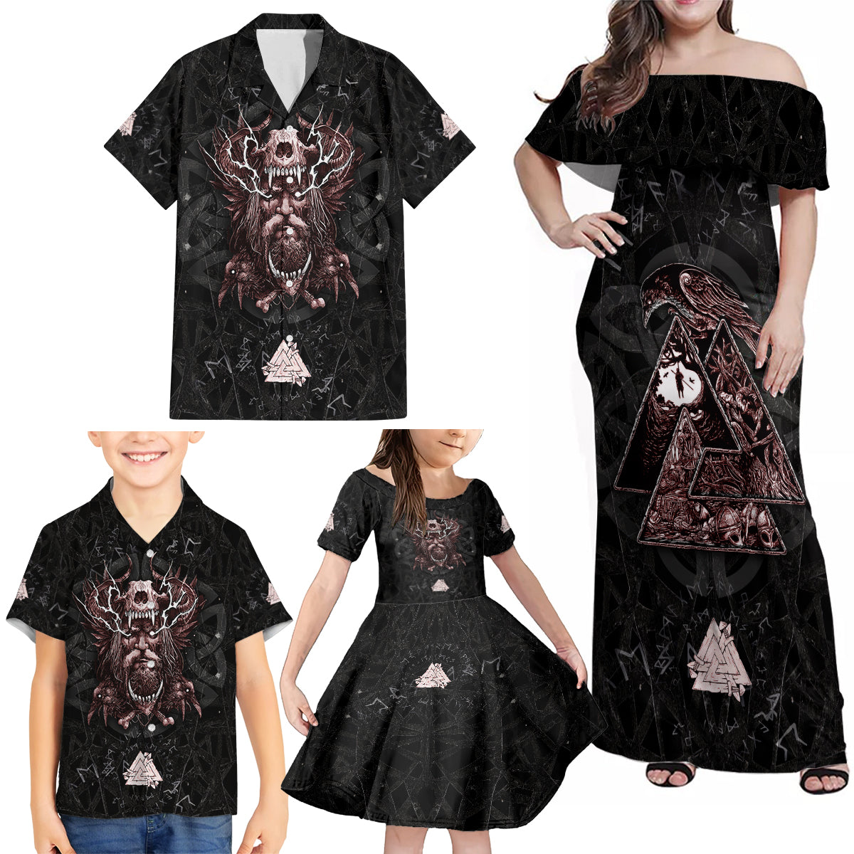 Viking Odin Family Matching Off Shoulder Maxi Dress and Hawaiian Shirt Viking Allfather's Radiance - Wonder Print Shop