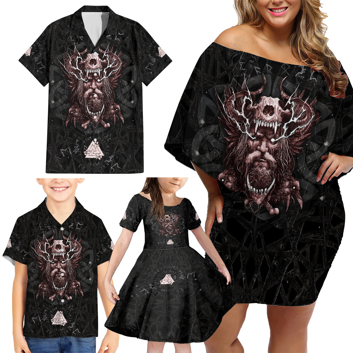 Viking Odin Family Matching Off Shoulder Short Dress and Hawaiian Shirt Viking Allfather's Radiance - Wonder Print Shop
