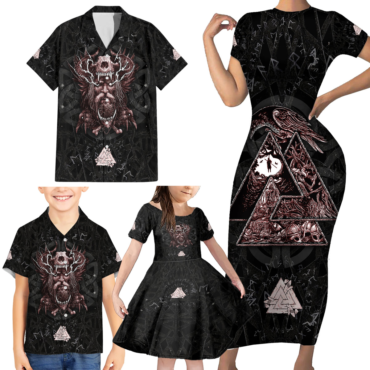 Viking Odin Family Matching Short Sleeve Bodycon Dress and Hawaiian Shirt Viking Allfather's Radiance - Wonder Print Shop
