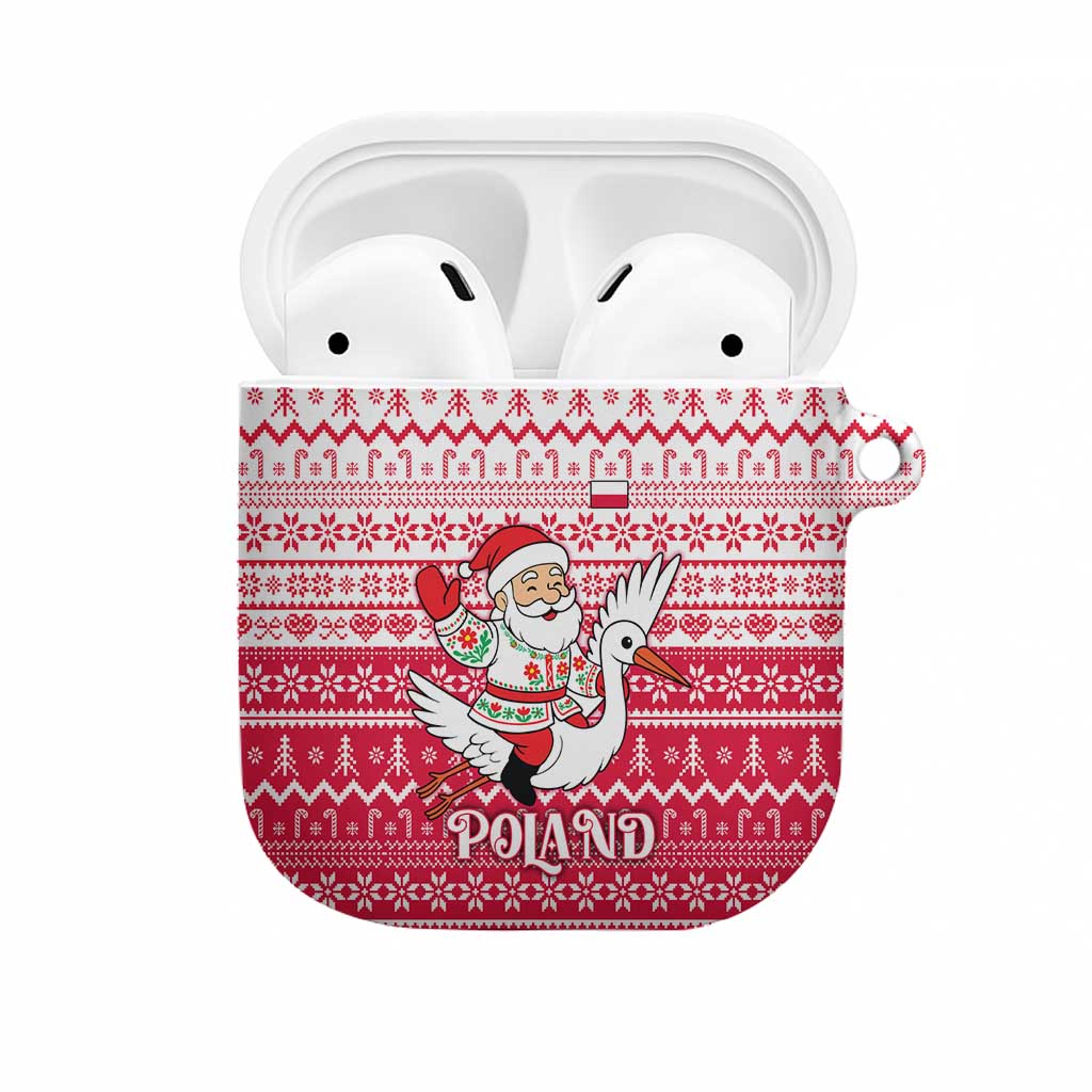 Poland Christmas AirPods Case with Santa Riding Stork White Eagle Emblem and Red Snowflake Knit Pattern Design - Wonder Print Shop