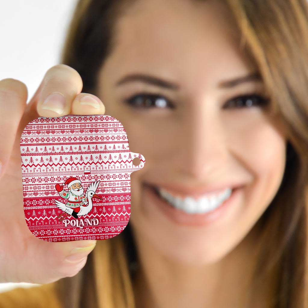Poland Christmas AirPods Case with Santa Riding Stork White Eagle Emblem and Red Snowflake Knit Pattern Design - Wonder Print Shop