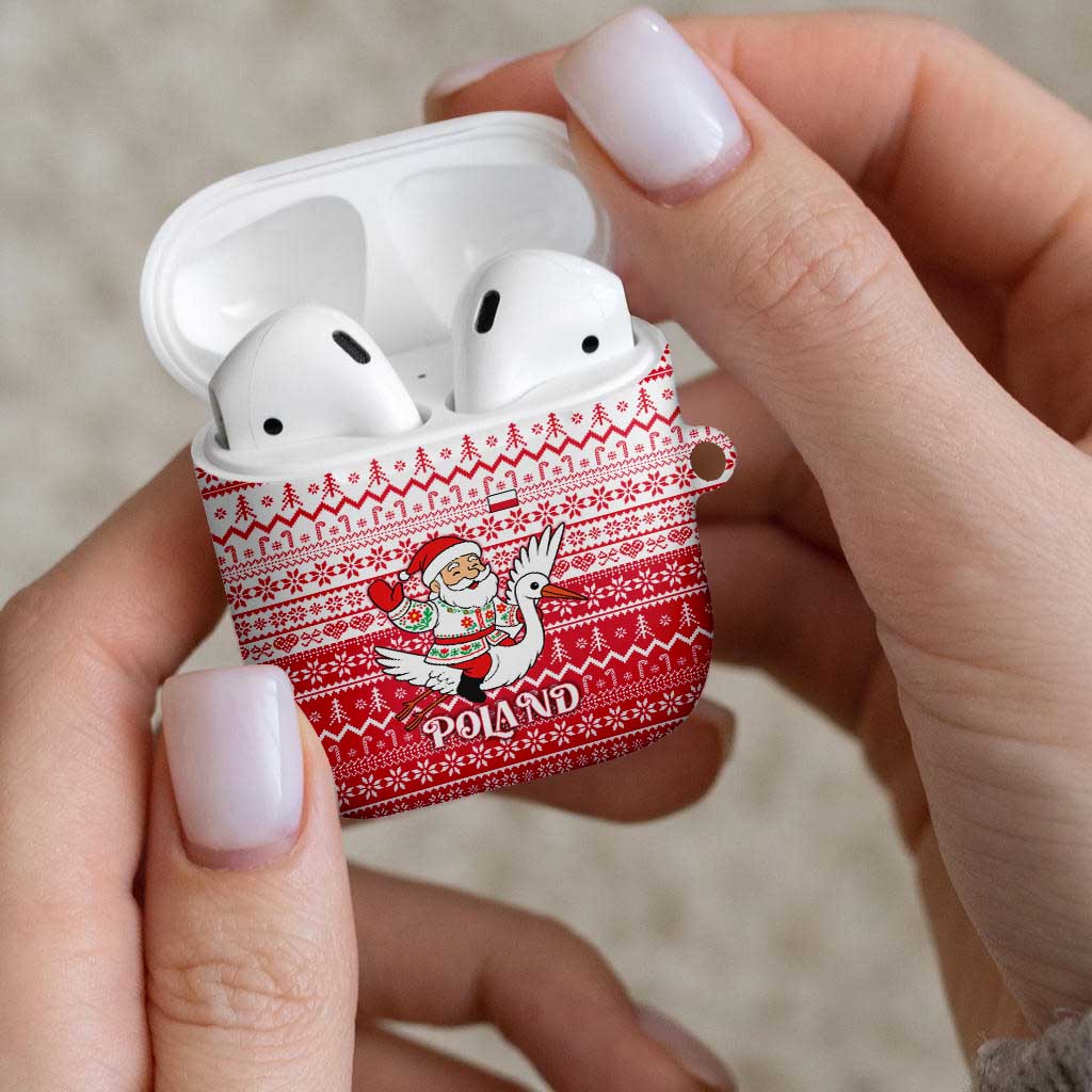 Poland Christmas AirPods Case with Santa Riding Stork White Eagle Emblem and Red Snowflake Knit Pattern Design - Wonder Print Shop