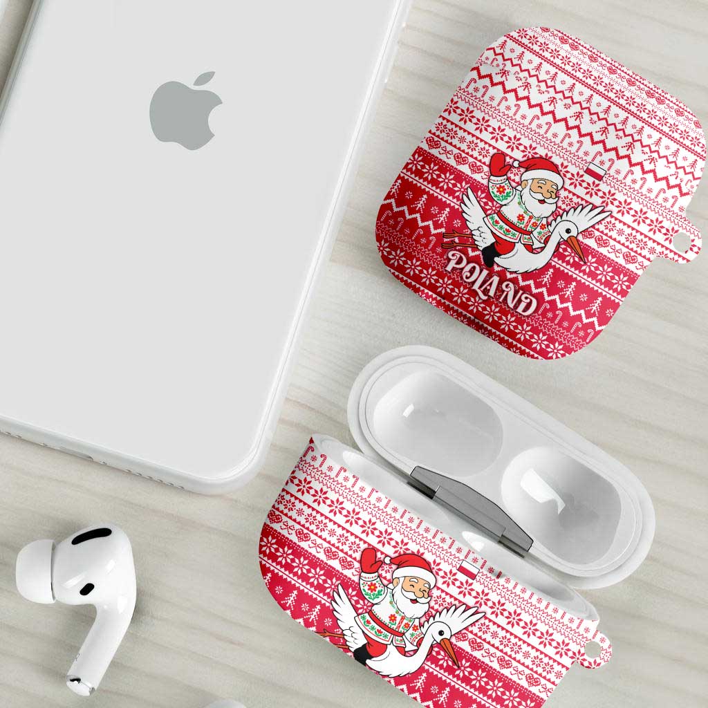 Poland Christmas AirPods Case with Santa Riding Stork White Eagle Emblem and Red Snowflake Knit Pattern Design - Wonder Print Shop