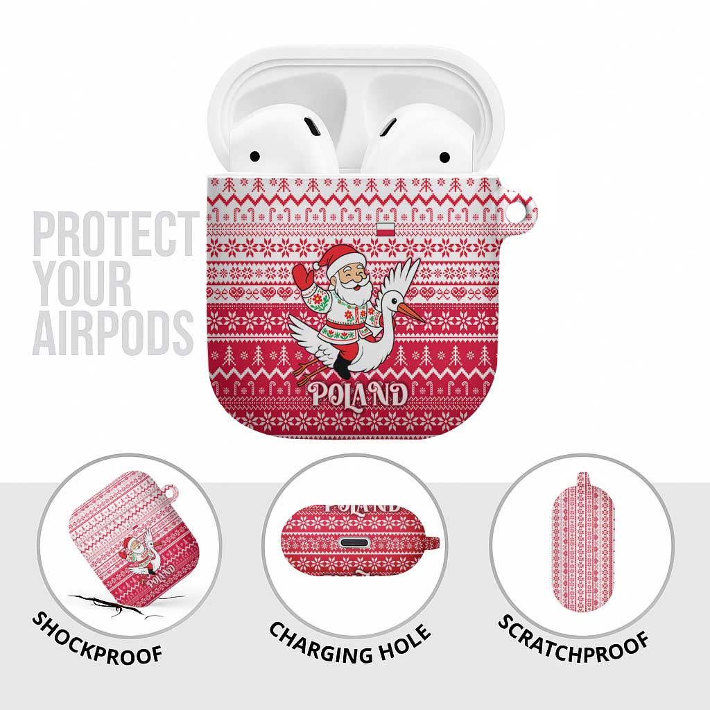 Poland Christmas AirPods Case with Santa Riding Stork White Eagle Emblem and Red Snowflake Knit Pattern Design - Wonder Print Shop