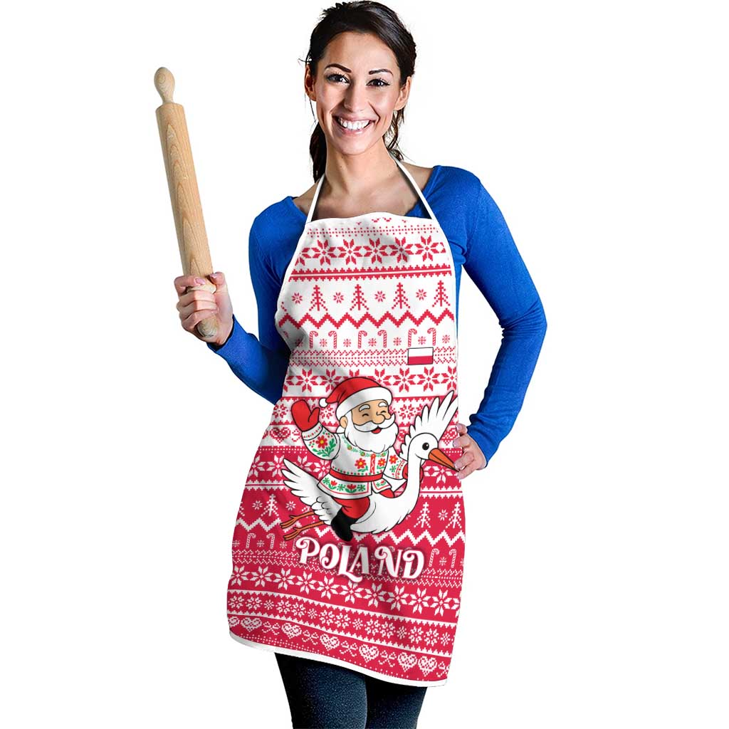 Poland Christmas Apron with Santa Riding Stork White Eagle Emblem and Red Snowflake Knit Pattern Design - Wonder Print Shop