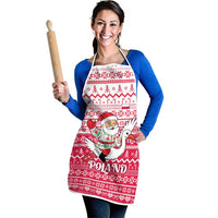 Poland Christmas Apron with Santa Riding Stork White Eagle Emblem and Red Snowflake Knit Pattern Design - Wonder Print Shop