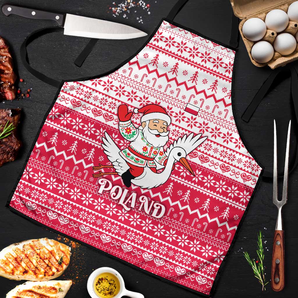 Poland Christmas Apron with Santa Riding Stork White Eagle Emblem and Red Snowflake Knit Pattern Design - Wonder Print Shop