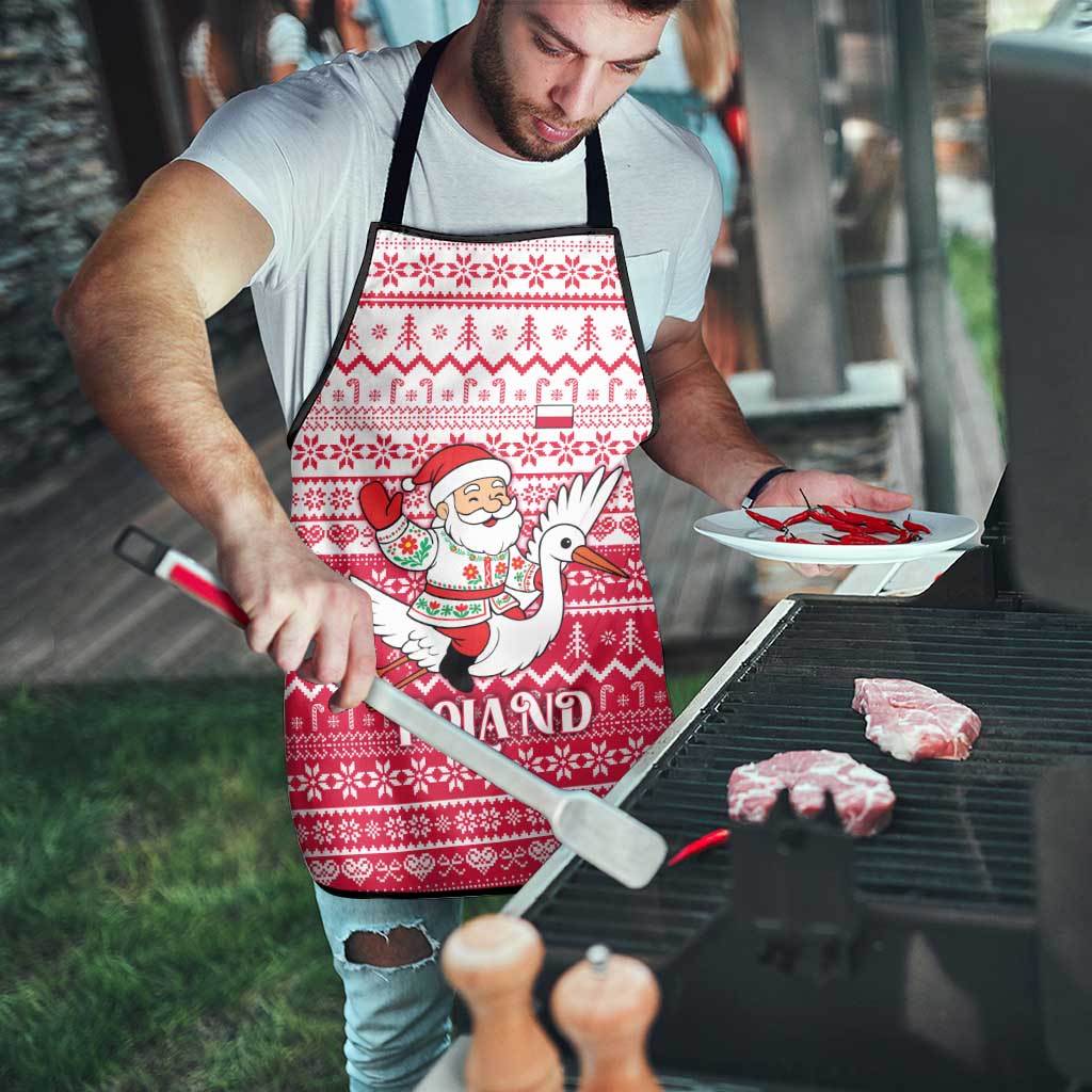 Poland Christmas Apron with Santa Riding Stork White Eagle Emblem and Red Snowflake Knit Pattern Design - Wonder Print Shop