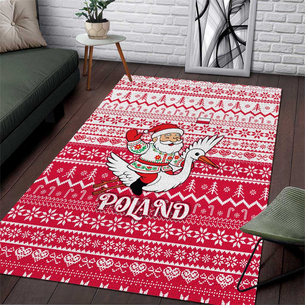 Poland Christmas Area Rug with Santa Riding Stork White Eagle Emblem and Red Snowflake Knit Pattern Design - Wonder Print Shop