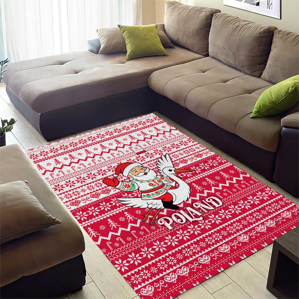 Poland Christmas Area Rug with Santa Riding Stork White Eagle Emblem and Red Snowflake Knit Pattern Design - Wonder Print Shop