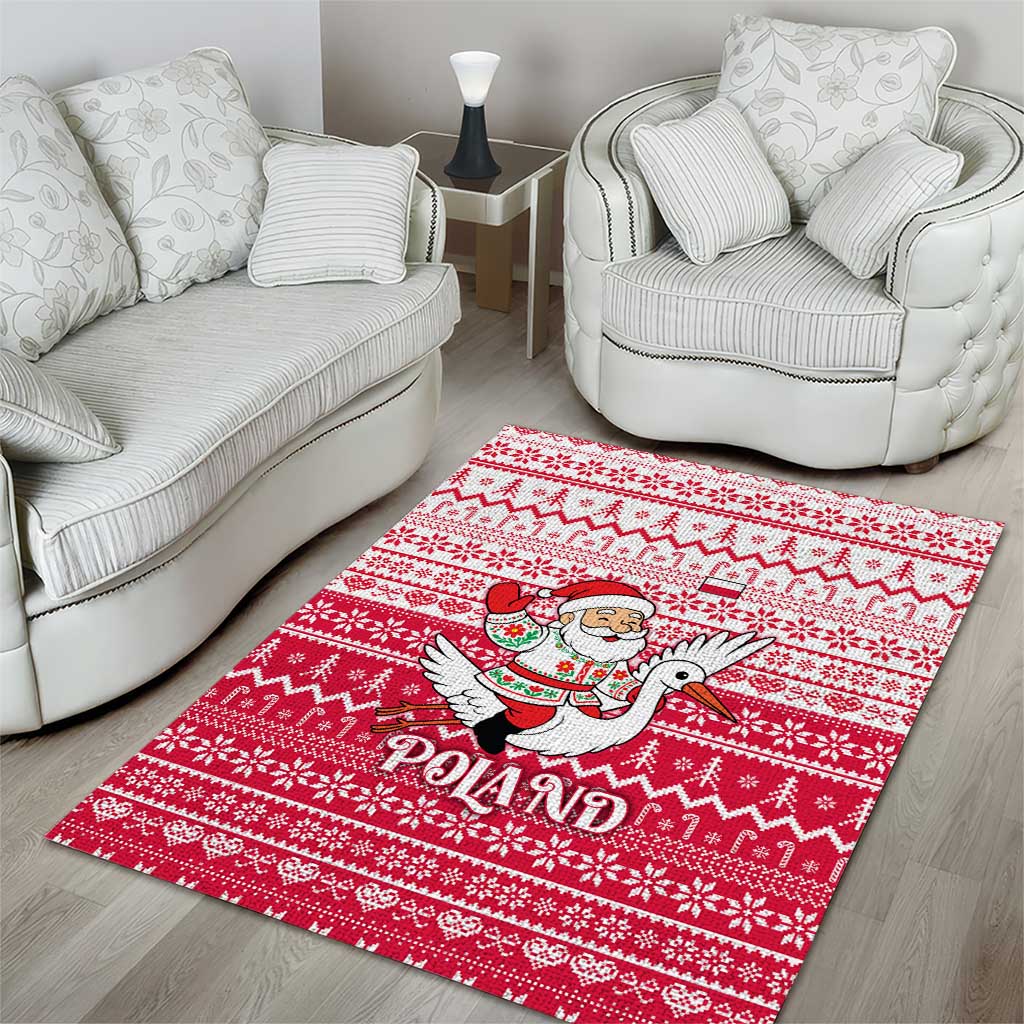 Poland Christmas Area Rug with Santa Riding Stork White Eagle Emblem and Red Snowflake Knit Pattern Design - Wonder Print Shop