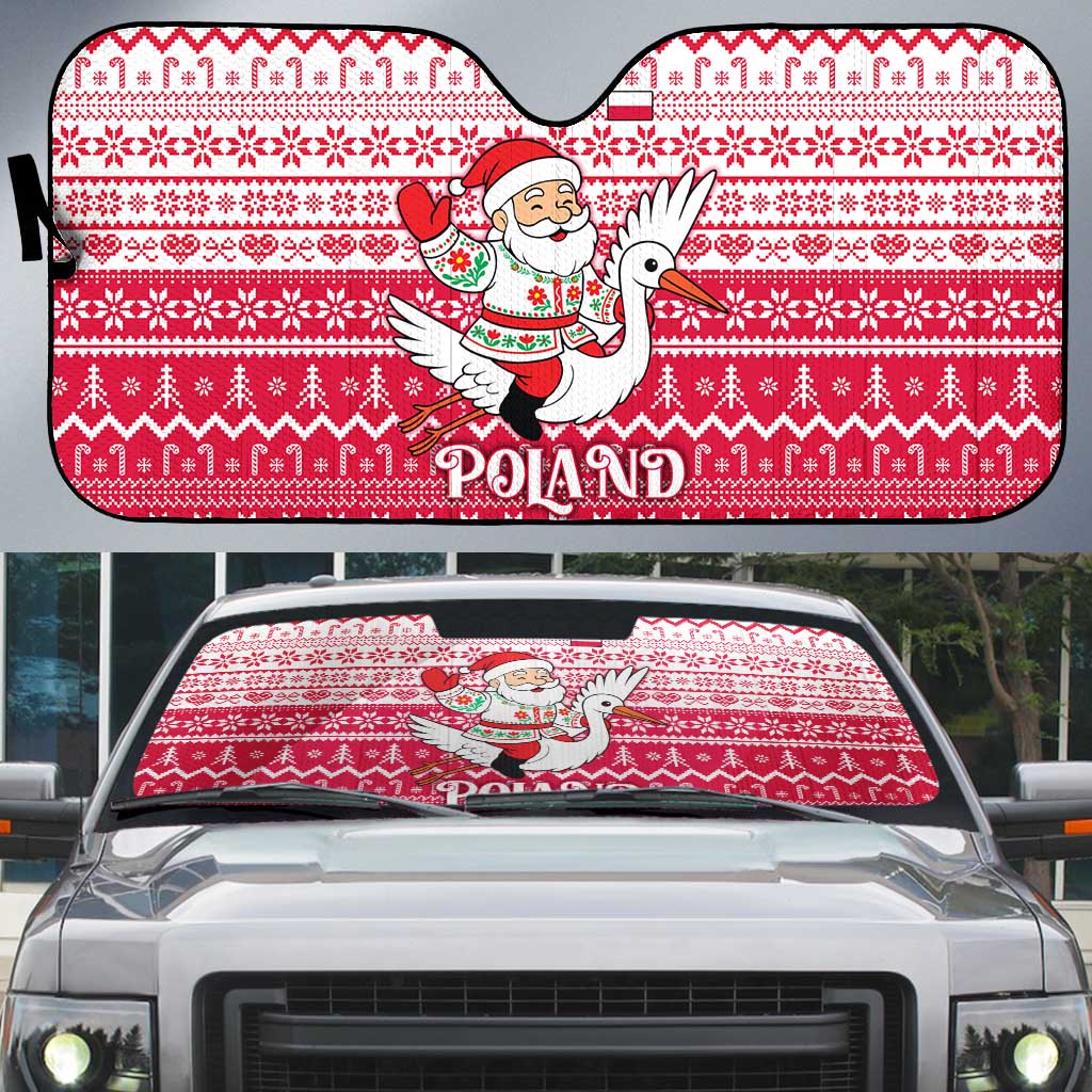 Poland Christmas Auto Sun Shade with Santa Riding Stork White Eagle Emblem and Red Snowflake Knit Pattern Design - Wonder Print Shop