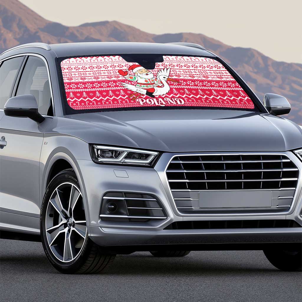 Poland Christmas Auto Sun Shade with Santa Riding Stork White Eagle Emblem and Red Snowflake Knit Pattern Design - Wonder Print Shop