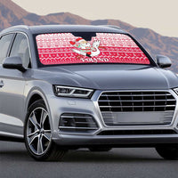 Poland Christmas Auto Sun Shade with Santa Riding Stork White Eagle Emblem and Red Snowflake Knit Pattern Design - Wonder Print Shop