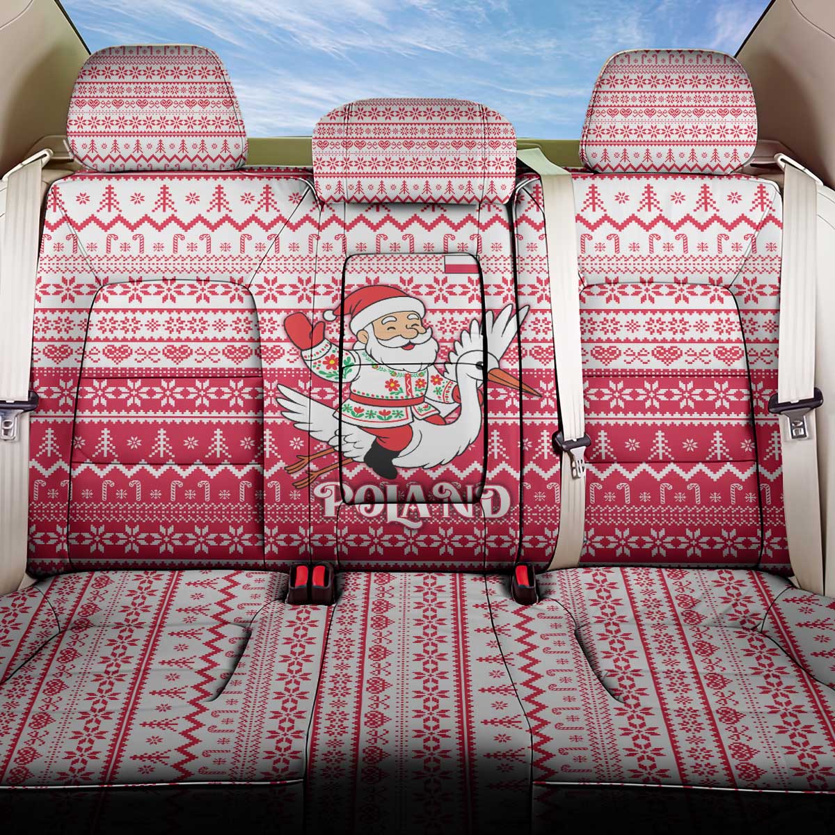 Poland Christmas Back Car Seat Cover with Santa Riding Stork White Eagle Emblem and Red Snowflake Knit Pattern Design - Wonder Print Shop